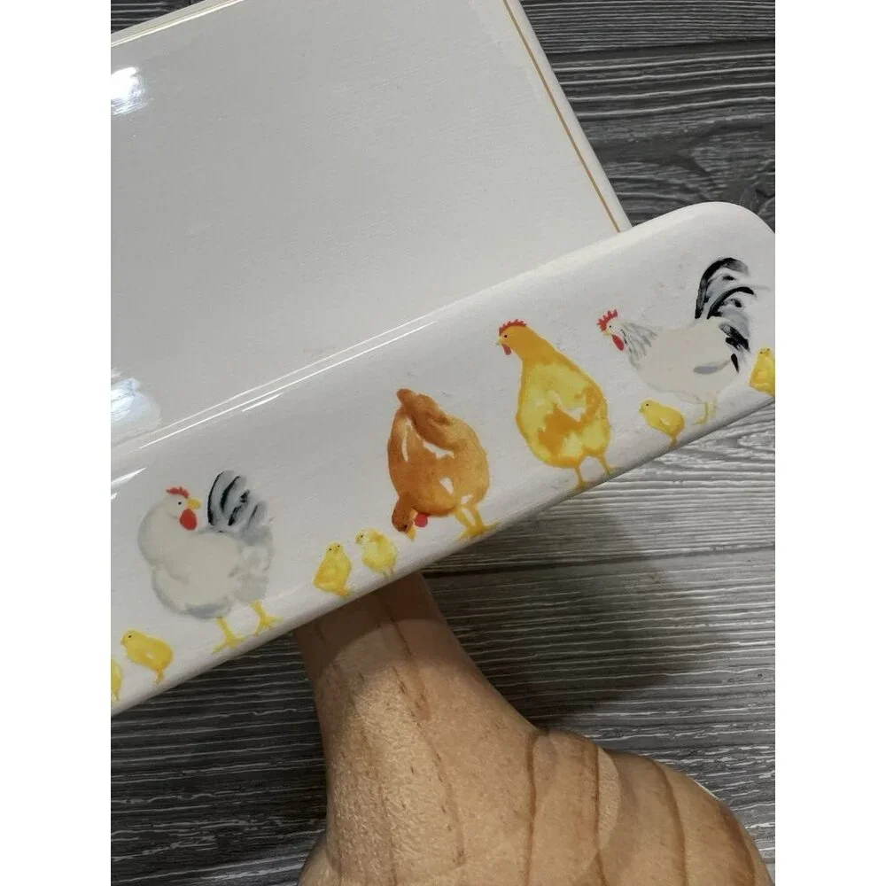 Ceramic Chickens Recipe Card Holder Wooden Pedestal Stand Red Shed - Picture 6 of 8